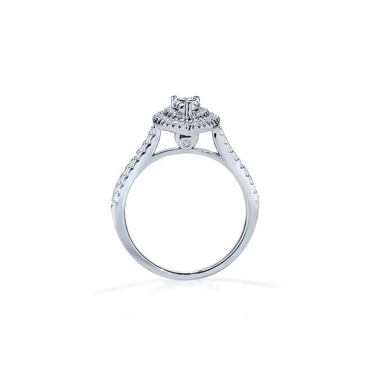 Loving dobbelt diamant halo forlovelsesring med pæreformet safir